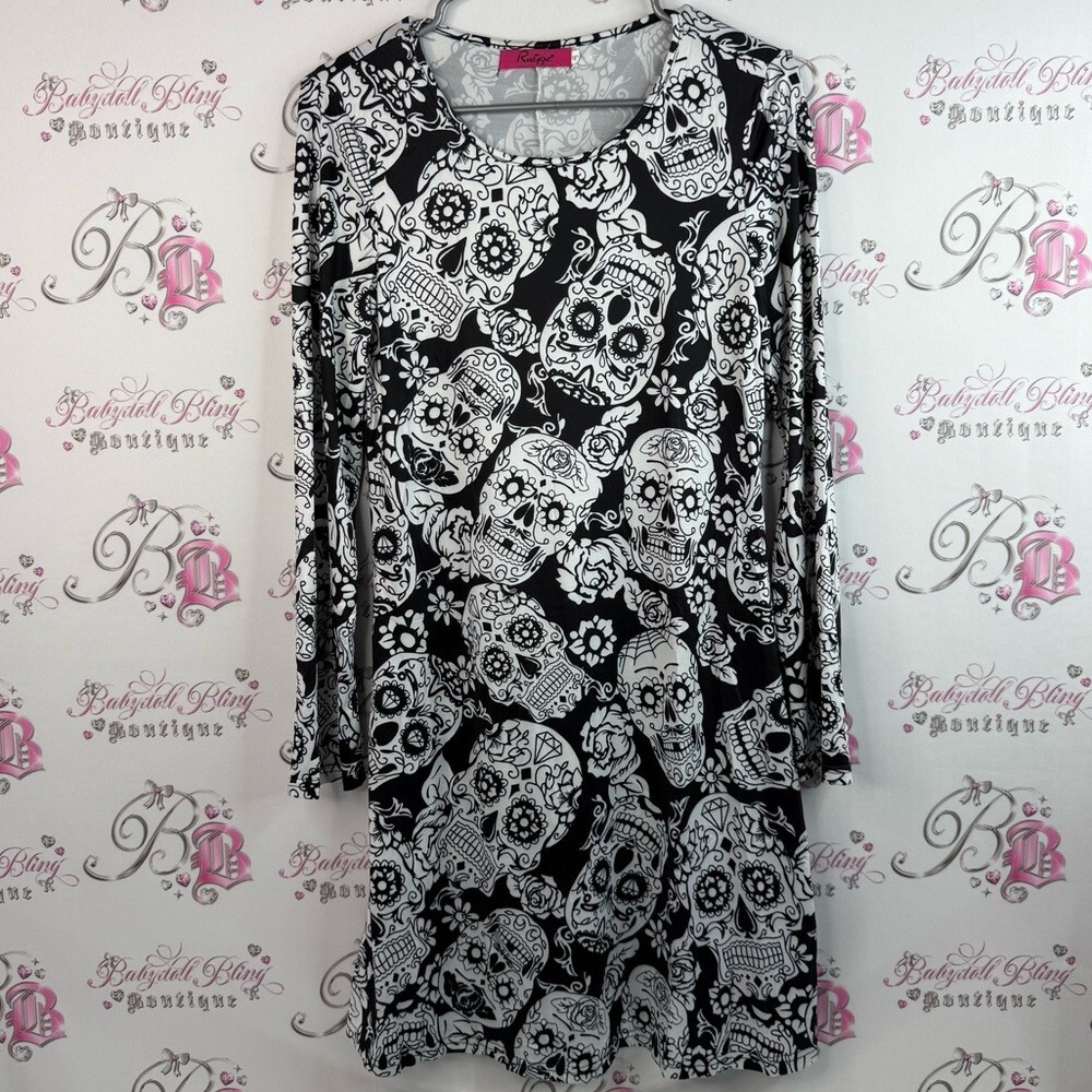 Ruiyige dress, sugar, skulls, floral, Skull Print Black and White Dress